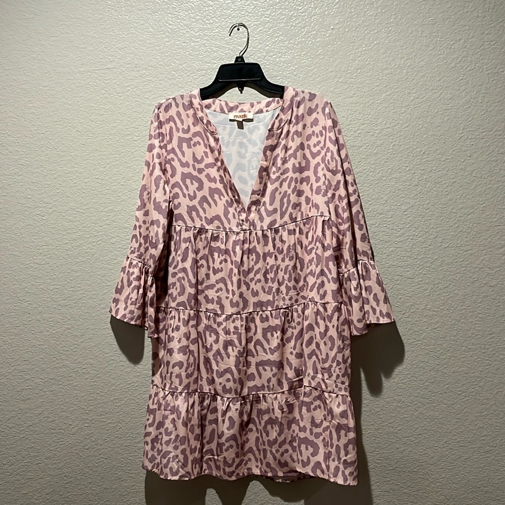 Mazik Pink Purple Leopard Print Babydoll Neck Dress Ruffle Sleeve Sz L TC0812